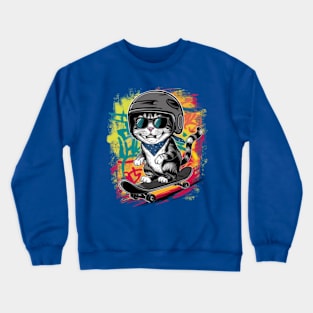 A unique and fun design featuring a stylish cat wearing a helmet and skateboarding. (3) Crewneck Sweatshirt